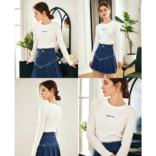 OLrain欧芮儿米白色T恤女秋冬2023新款百搭显瘦套头印花字母长袖 商品图2