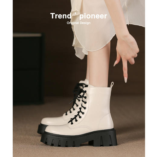 【女鞋专场】厚底真皮马丁靴女2022秋冬新款英伦风粗跟系带拉链机车靴黑色短靴 商品图8