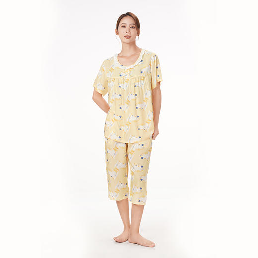 都市丽人生活家居春夏睡衣女梭织人棉家居服薄款短袖七分裤女士梭织棉套装LH42D2 商品图1