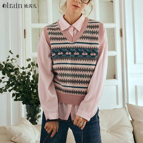 OLrain欧芮儿复古毛衣背心女早春2024年新款甜美多色提花针织马甲