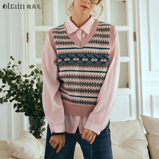 OLrain欧芮儿复古毛衣背心女早春2024年新款甜美多色提花针织马甲 商品图0