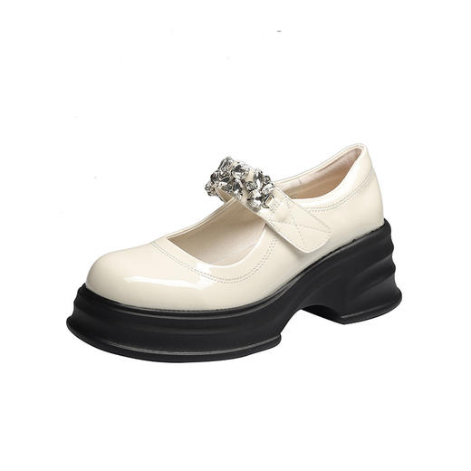 【女鞋专场】厚底真皮玛丽珍女鞋2023年夏季新款松糕底一字带水钻白色乐福鞋女 商品图4