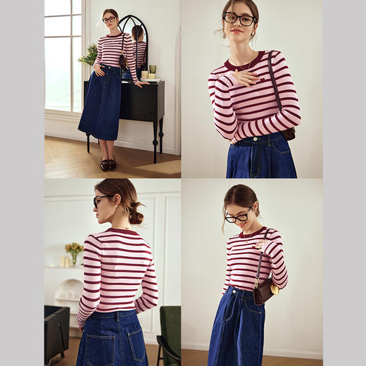 OLrain欧芮儿条纹针织衫女早春2024年新款美式复古宽松撞色毛衣 商品图3