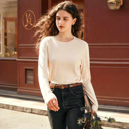 OLrain欧芮儿杏色针织衫女早春2024年新款时尚气质修身圆领打底衫 商品图1