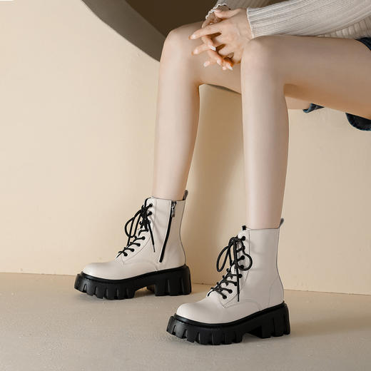 【女鞋专场】真皮厚底英伦马丁靴女2023年秋冬薄款增高小个子短靴白色显瘦单靴 商品图7