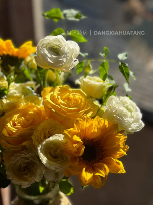 【想你时风起】金枝玉叶玫瑰3支黄色系多头玫瑰2支绿心迷你向日葵3支白色洋牡丹3支/份 商品图13