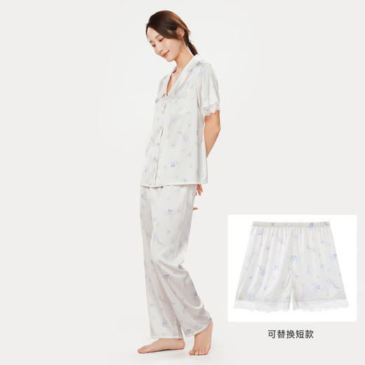 都市丽人好睡好眠春夏睡衣女冰雪丝印花家居服薄款短袖长裤+短裤女士丝质套装LH41B3 商品图2