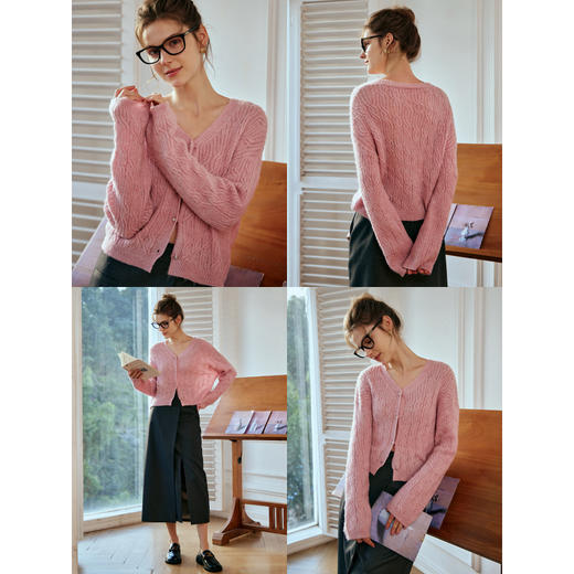 OLrain欧芮儿粉色针织衫女秋冬2023年新款V领绞花薄款开衫外套 商品图2