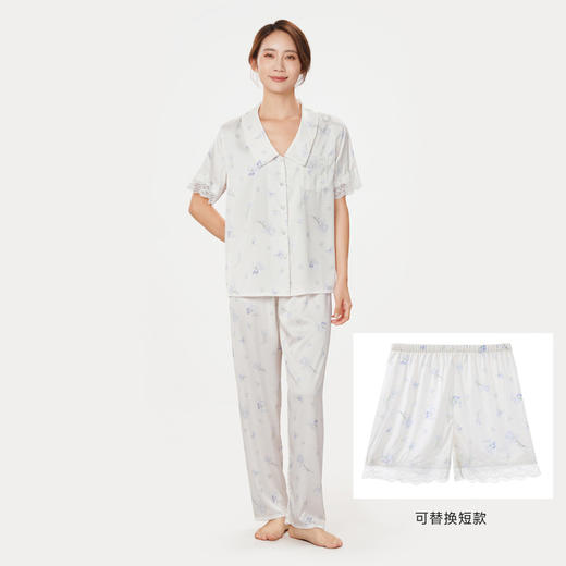 都市丽人好睡好眠春夏睡衣女冰雪丝印花家居服薄款短袖长裤+短裤女士丝质套装LH41B3 商品图1