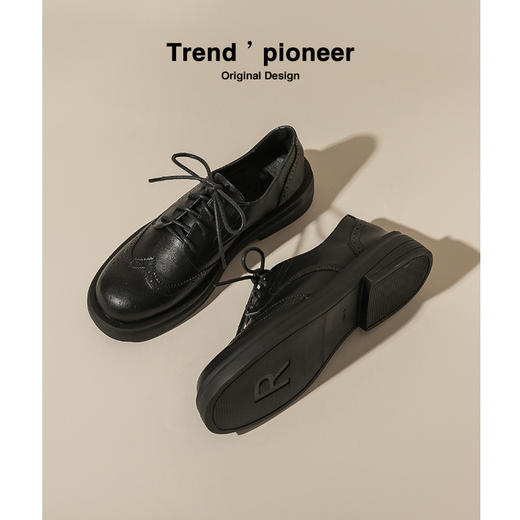 【女鞋专场】真皮小皮鞋女英伦风2023年春秋新款软皮百搭平底复古布洛克单鞋女 商品图0