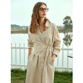 OLrain欧芮儿条纹衬衫连衣裙女早春2024年新款时尚设计感长裙