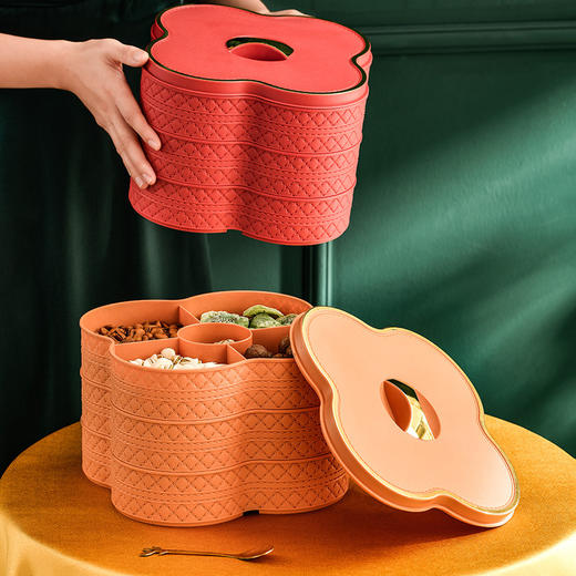 【喜庆的感觉，很有年味！】新款轻奢仿皮果盘,家用多层干果盒分格带盖,坚果糖果盒客厅零食盘,丰盈的多层带盖盛装着坚果糖果，宛如客厅的香甜风景 商品图3