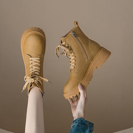 【女鞋专场】真皮英伦风厚底马丁靴女2023年春秋新款百搭短靴复古纯色大黄靴女 商品图0