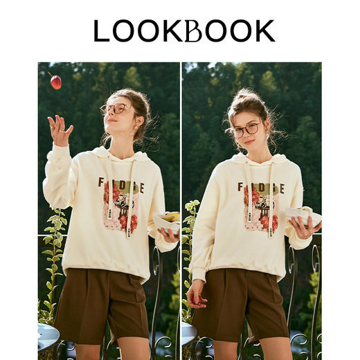 OLrain欧芮儿杏色连帽卫衣女早春2024新款宽松休闲贴图印花长袖 商品图4