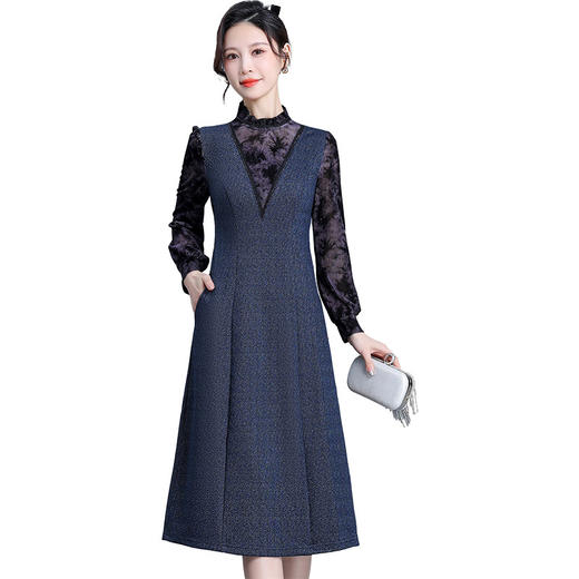 拼结假两件长袖裙，时尚中老年妈妈装牛仔蓝色厚款中长款连衣裙QYM-KED-H1573-Y 商品图4