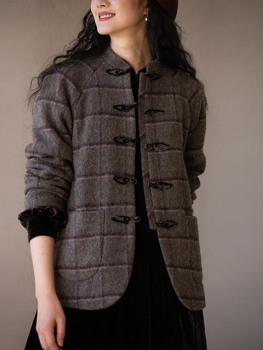 牧衣游原创 进口格纹羊毛呢混纺短外套复古新中式毛呢大衣 方长 商品图2