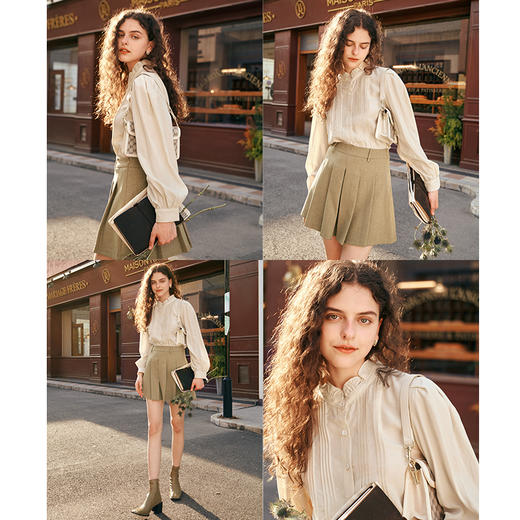 OLrain欧芮儿法式长袖衬衫女秋冬2023年新款木耳边立领泡泡袖衬衣 商品图2