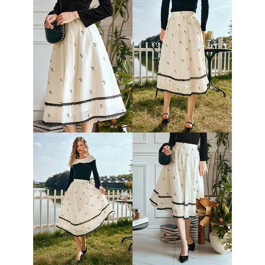 OLrain欧芮儿法式杏黄色半身裙女早春2024新款百搭刺绣中长伞裙 商品图2