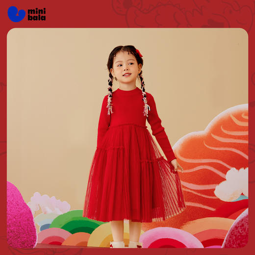 迷你巴拉女童连衣裙龙年新春宝宝舒适修身甜美网纱拼接公主裙 商品图0