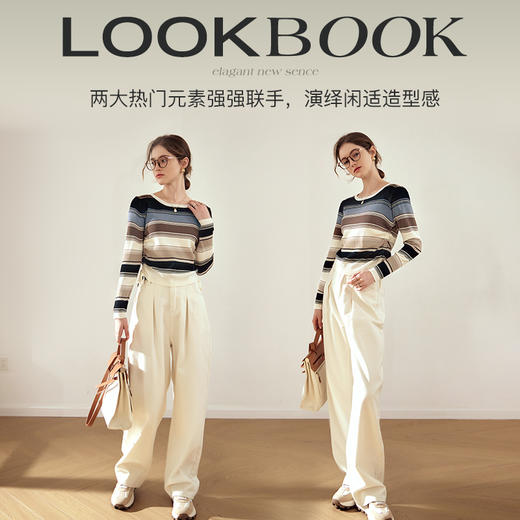 OLrain欧芮儿条纹针织衫女早春2024年新款慵懒风圆领薄款套头毛衣 商品图4
