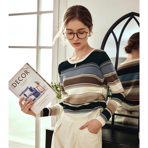 OLrain欧芮儿条纹针织衫女早春2024年新款慵懒风圆领薄款套头毛衣 商品图1