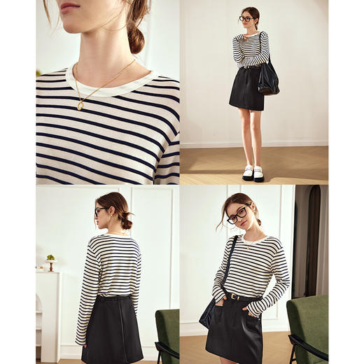 OLrain欧芮儿条纹T恤女秋冬2023年新款海军风宽松显瘦长袖打底衫 商品图2