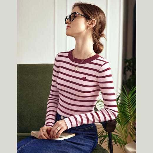 OLrain欧芮儿条纹针织衫女早春2024年新款美式复古宽松撞色毛衣 商品图1