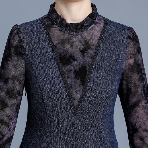 拼结假两件长袖裙，时尚中老年妈妈装牛仔蓝色厚款中长款连衣裙QYM-KED-H1573-Y 商品图3