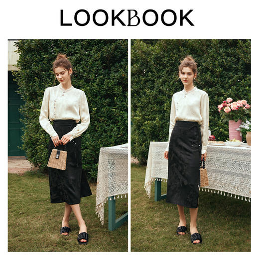 OLrain欧芮儿黑色半身裙女秋冬2023新款新中式提花高腰开叉半裙 商品图4