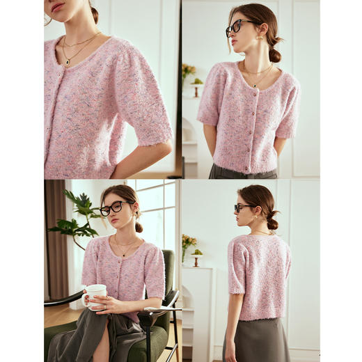 OLrain欧芮儿粉色薄针织衫女秋冬2023年新款圆领花纱短袖上衣 商品图2