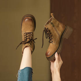 【女鞋专场】全真皮复古时尚系带马丁靴女2023年秋冬新款圆头厚底擦色短靴女款