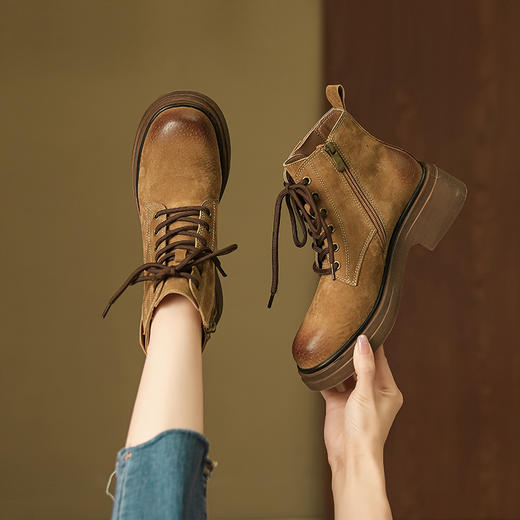 【女鞋专场】全真皮复古时尚系带马丁靴女2023年秋冬新款圆头厚底擦色短靴女款 商品图0