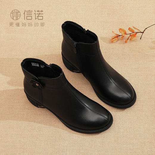 头层牛皮软皮女短靴2023新款冬季复古中老年妈妈棉鞋加绒粗跟皮鞋23M318-3Z 商品图7