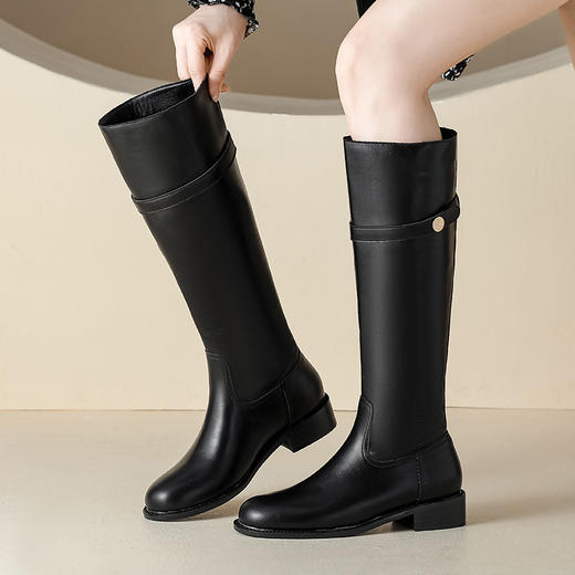 【女鞋专场】小众粗跟套筒不过膝长靴女2023年新款韩版高筒骑士靴小金扣女皮靴 商品图3