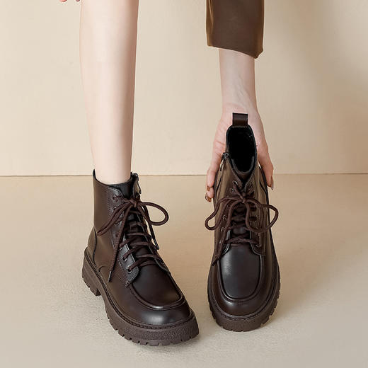 【女鞋专场】真皮厚底英伦风马丁靴女2023年新款春秋薄款单靴棕色小众短筒短靴 商品图0