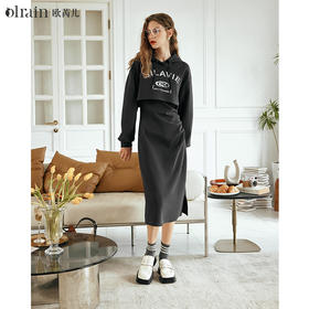OLrain欧芮儿深灰色时尚套装女早春2024新款学院休闲卫衣连衣裙