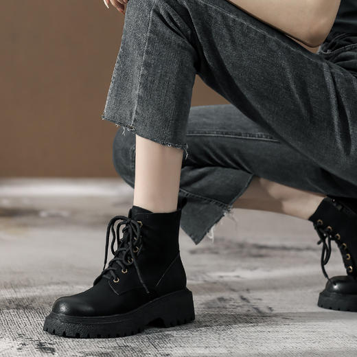 【女鞋专场】女鞋真皮厚底马丁靴女秋冬粗跟短靴女款百搭小个子增高瘦瘦靴子女 商品图2