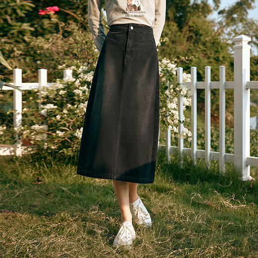 OLrain欧芮儿黑色牛仔半身裙女早春2024年新款洗水显瘦直筒半裙 商品图2