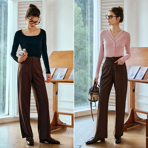 OLrain欧芮儿咖色直筒休闲裤女秋冬2023新款通勤质感百搭阔腿裤 商品图4