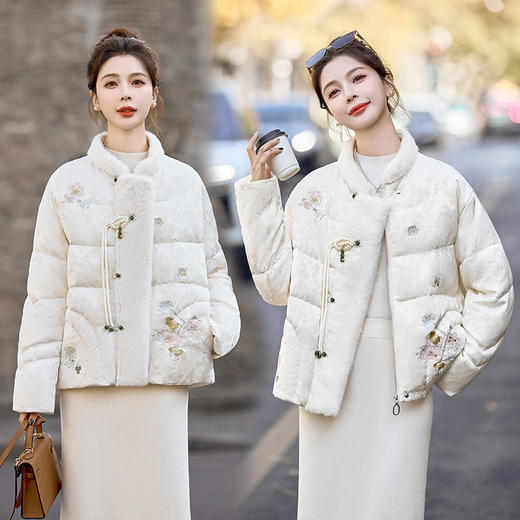 冬季新款，盘扣刺绣羽绒服女拼接仿真毛毛羽绒服外套HR-YQH9967 商品图0