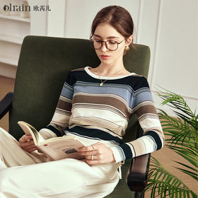 OLrain欧芮儿条纹针织衫女早春2024年新款慵懒风圆领薄款套头毛衣