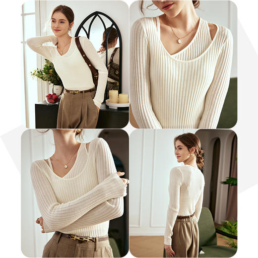 OLrain欧芮儿杏色针织衫女秋冬2023新款设计感假两件修身显瘦毛衣 商品图2