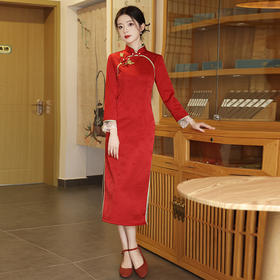 JQ-864 865秋冬新款加绒加厚红色回娘家旗袍长款单层长袖改良敬 酒服旗袍