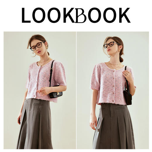 OLrain欧芮儿粉色薄针织衫女秋冬2023年新款圆领花纱短袖上衣 商品图4