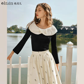 OLrain欧芮儿法式黑色针织衫女早春2024年新款一字领长袖打底衫