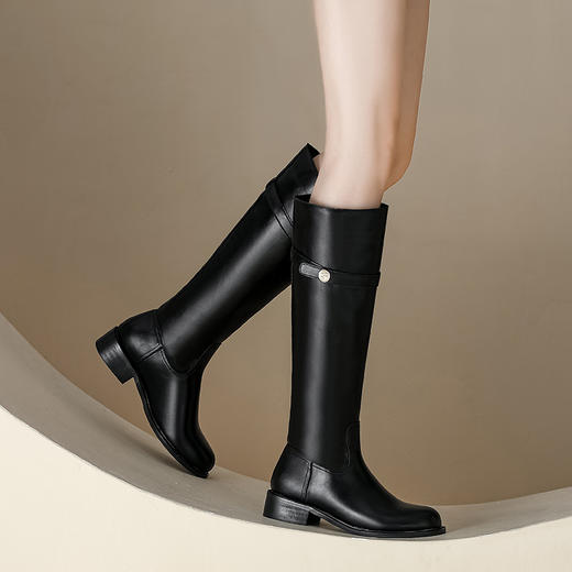 【女鞋专场】小众粗跟套筒不过膝长靴女2023年新款韩版高筒骑士靴小金扣女皮靴 商品图2