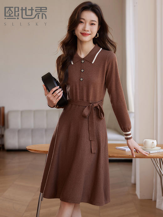 【专属特价】熙世界法式撞色polo领针织连衣裙女秋冬气质包芯纱收腰显瘦裙子 商品图0
