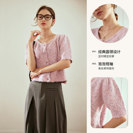 OLrain欧芮儿粉色薄针织衫女秋冬2023年新款圆领花纱短袖上衣 商品图3