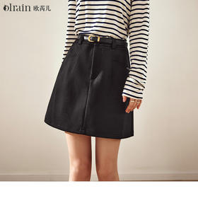 OLrain欧芮儿黑色半身裙女秋冬2023年新款复古高腰显瘦短半裙