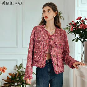 OLrain欧芮儿红色短外套女早春2024年新款圆领彩色编织小香风外套